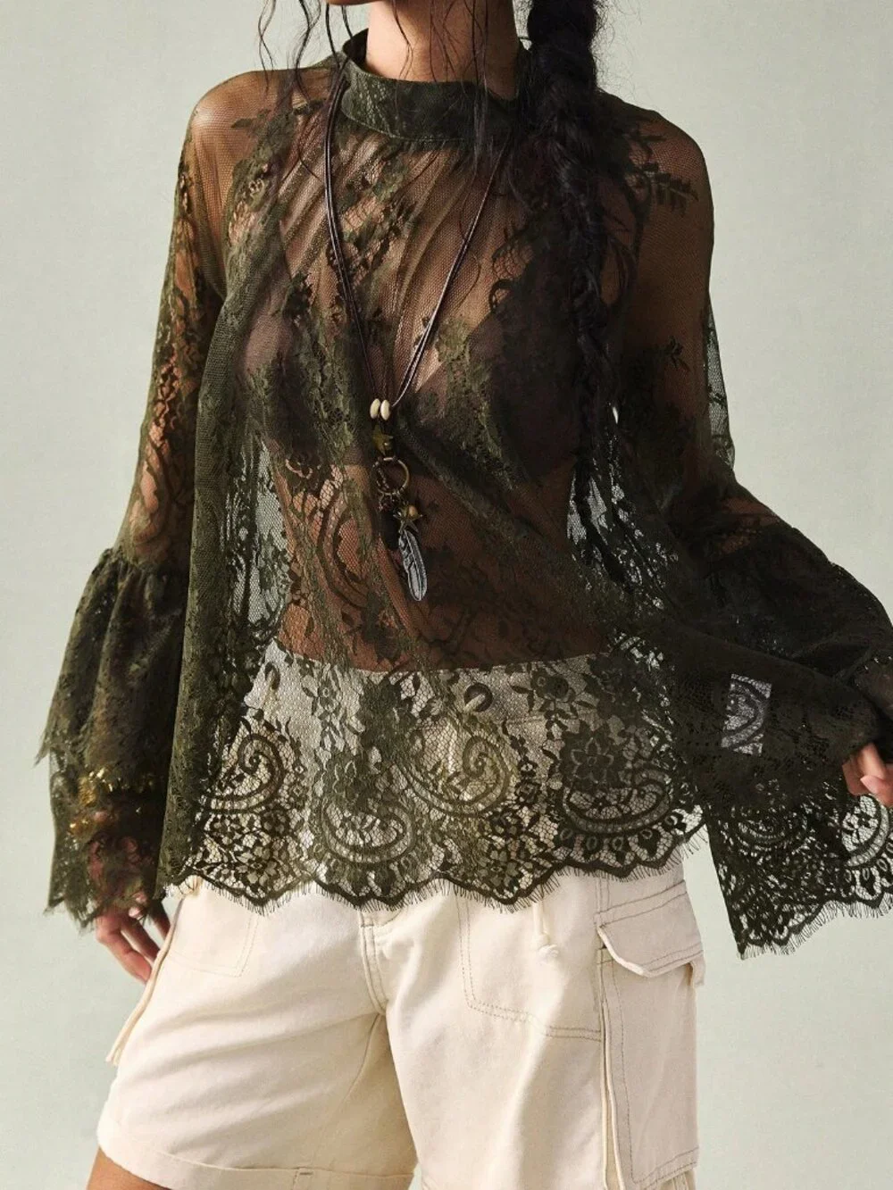 Army Green Boho Women's Mandarin Collar Raglan Sleeve Lace Blouse - Picture 5 of 7